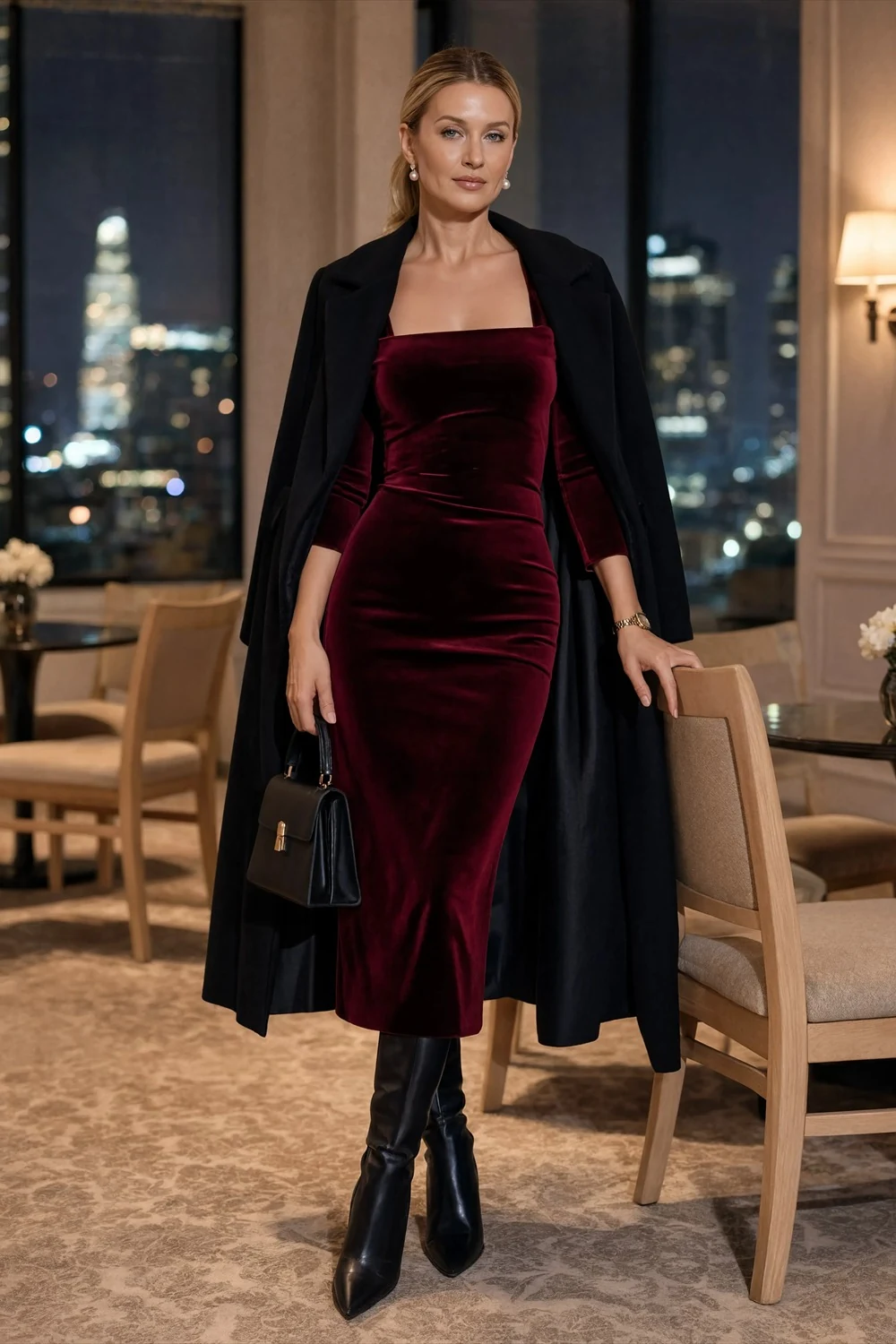 Burgundy velvet-look midi dress under a long black coat with tall black boots and a dark handbag.