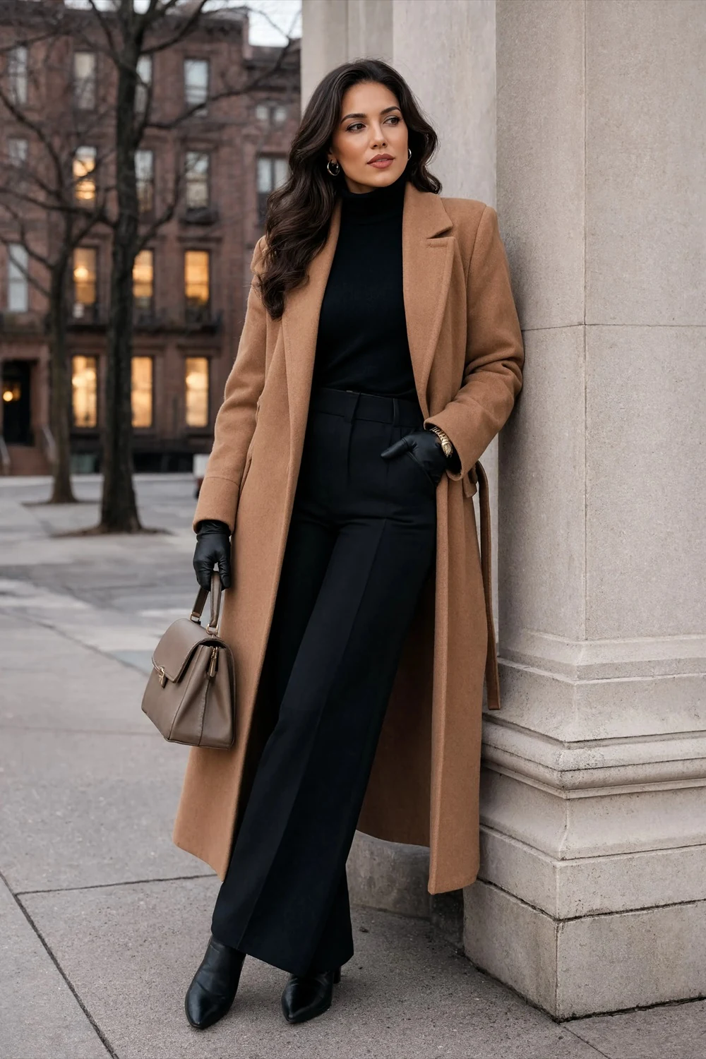 Camel long coat over a black turtleneck and wide-leg black trousers with gloves and ankle boots.