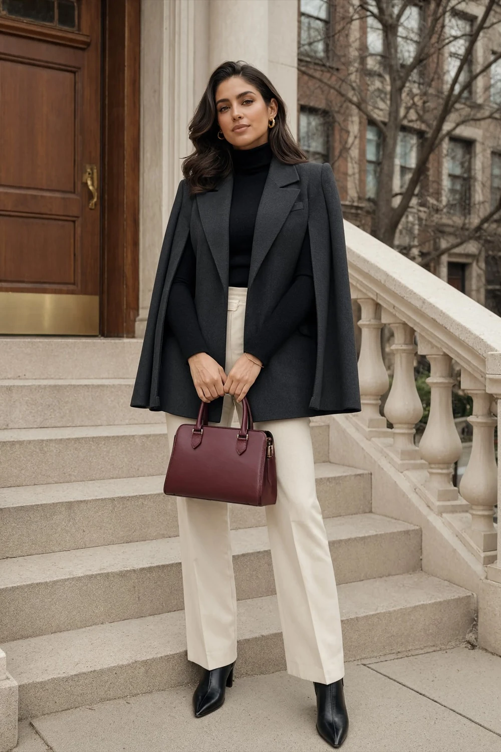 Gray cape-style jacket over a black turtleneck and light trousers with black ankle boots and burgundy handbag.