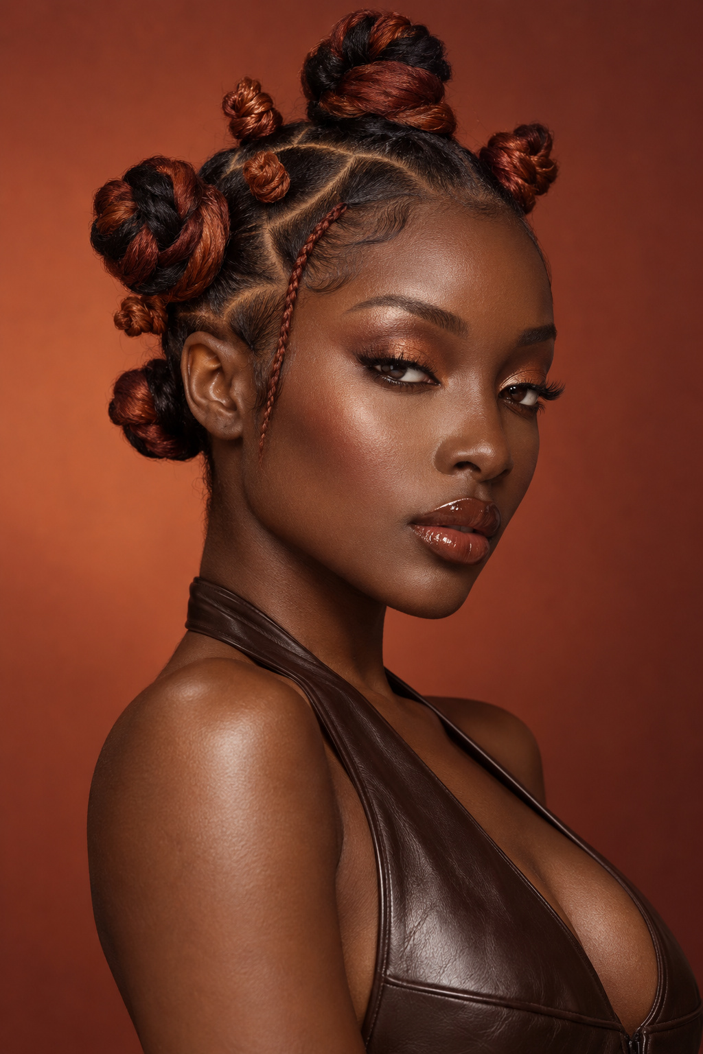 Copper and auburn Bantu knots with defined scalp sections and a warm brown backdrop