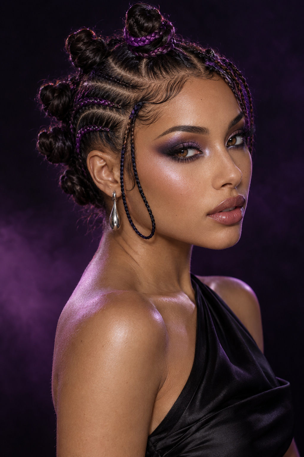 Bantu knots with purple accents curved side cornrows and a slim face-framing braid
