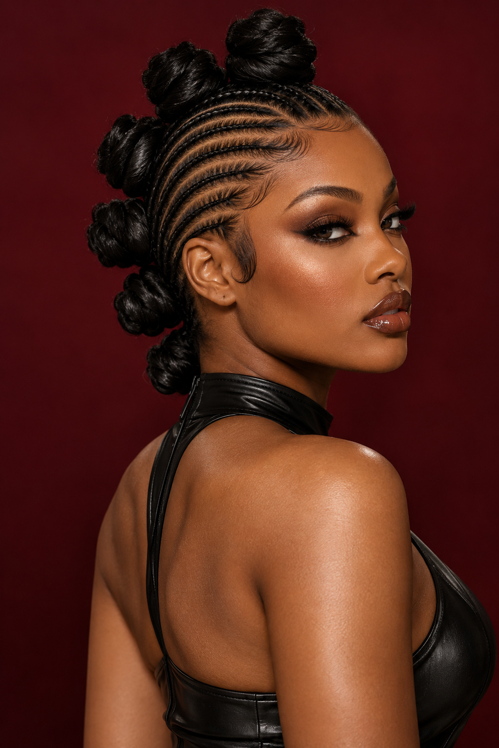 Side profile of Bantu knots with sweeping parallel cornrows on a dark red background
