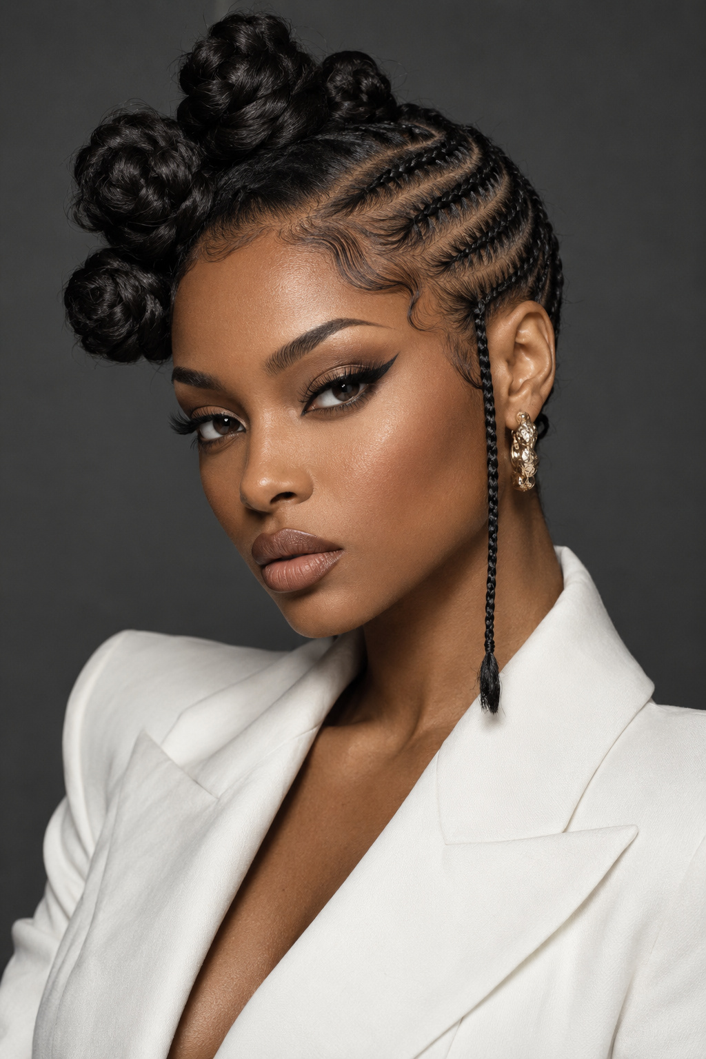Large Bantu knots with neat braided side sections a single hanging braid and white blazer