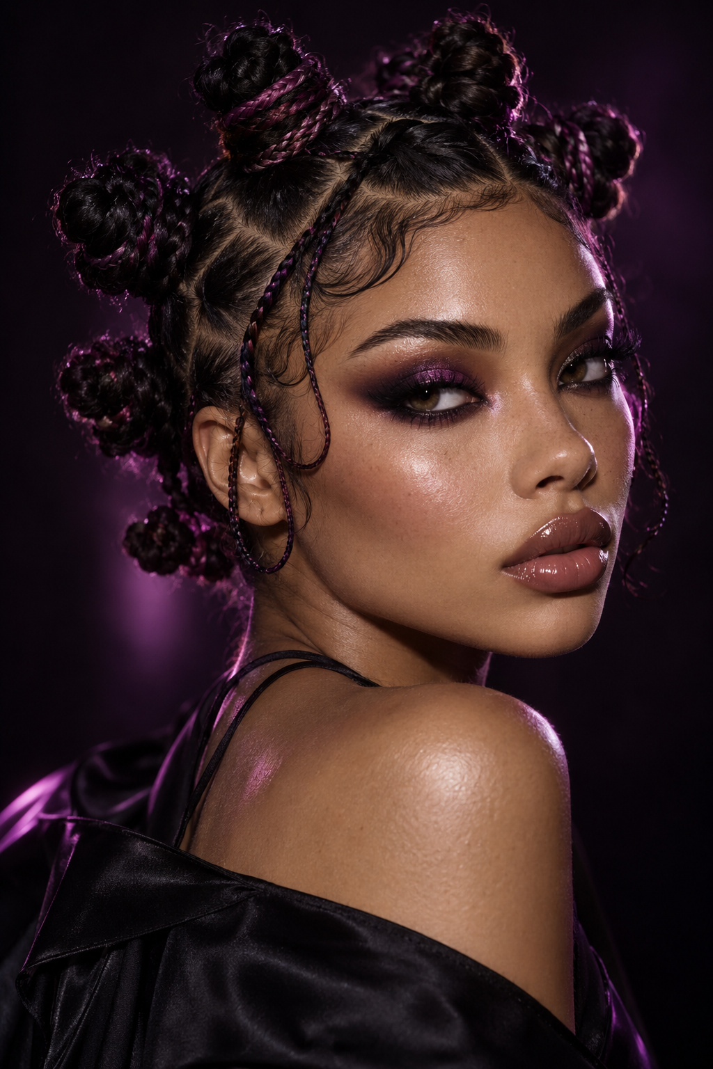 Purple-accented Bantu knots with curved sections and a loose thin braid beside the face