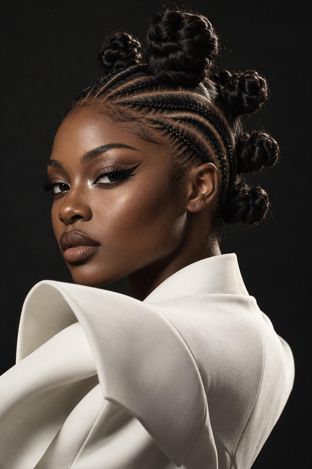 Sculpted high Bantu knots with curved cornrows and a high white collar