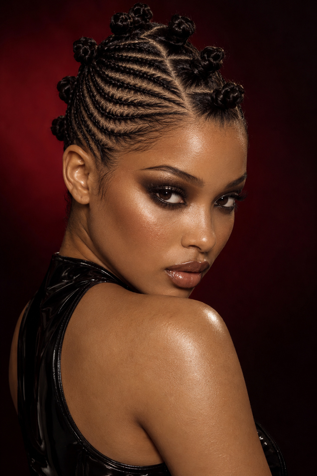 Diagonal side cornrows leading toward small Bantu knots against a deep red background