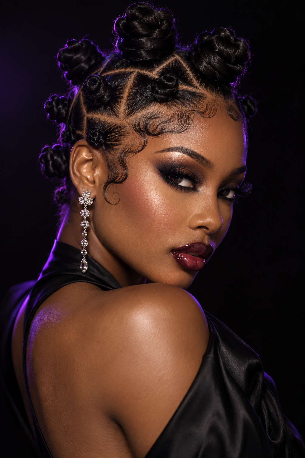 Glossy Bantu knots with angular parting and one fine braid under violet lighting