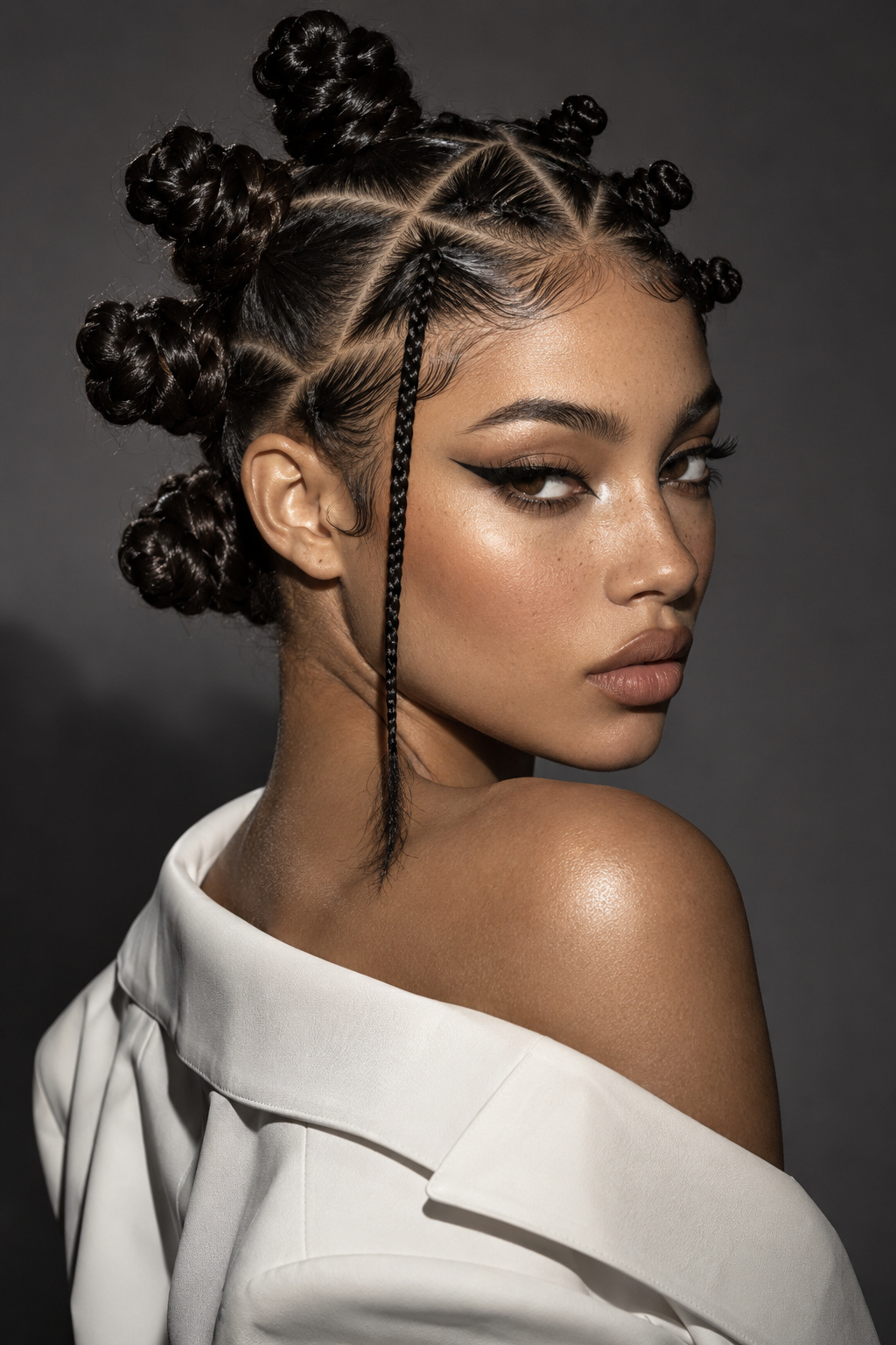 Small Bantu knots with radiating geometric parts and a long accent braid by the cheek