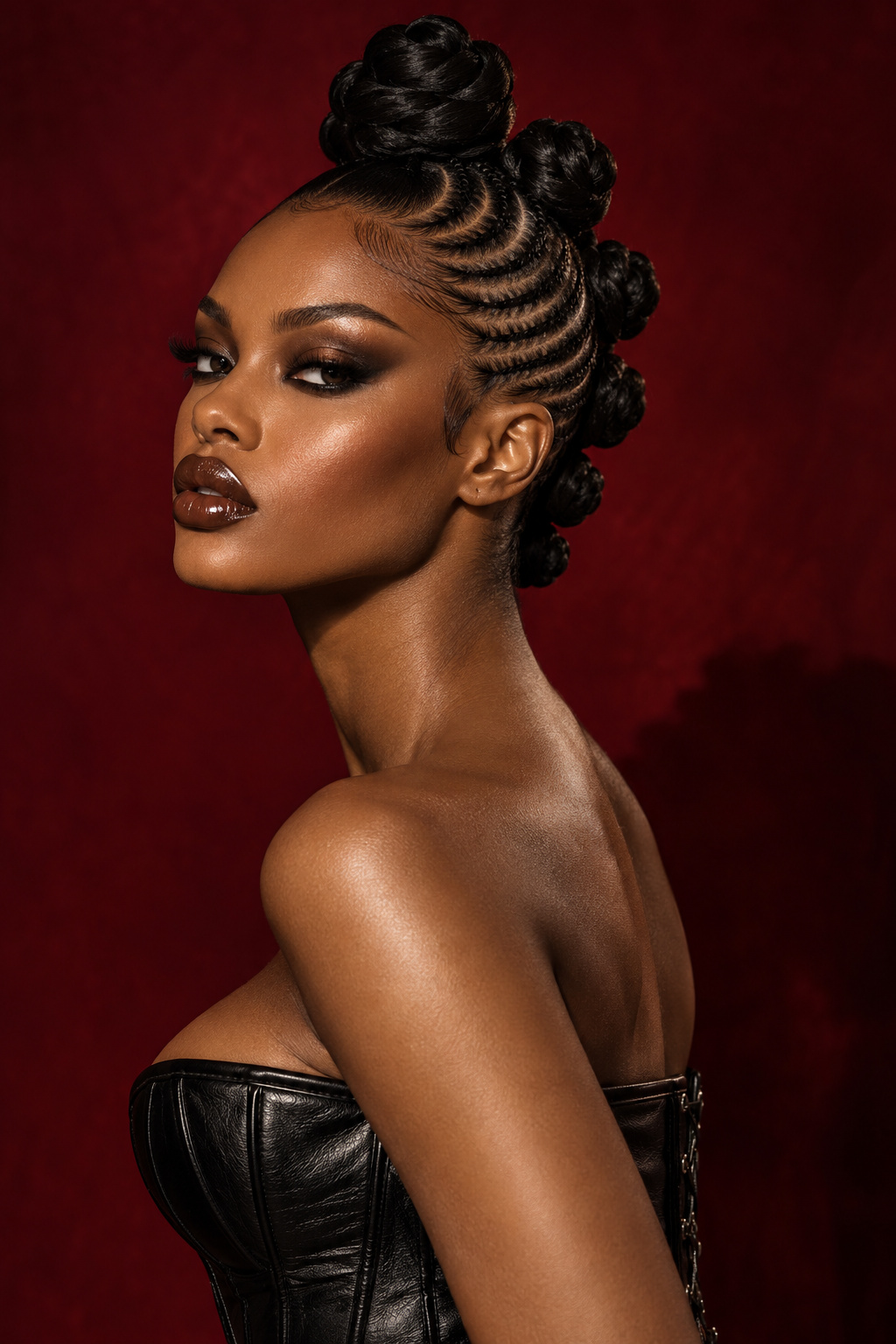 Profile of high Bantu knots with layered curved cornrows on a dark red background