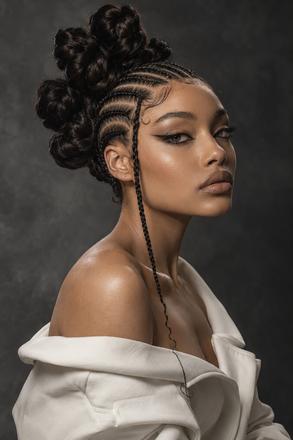 Asymmetrical high Bantu knot cluster with multiple sweeping cornrows and one loose braid
