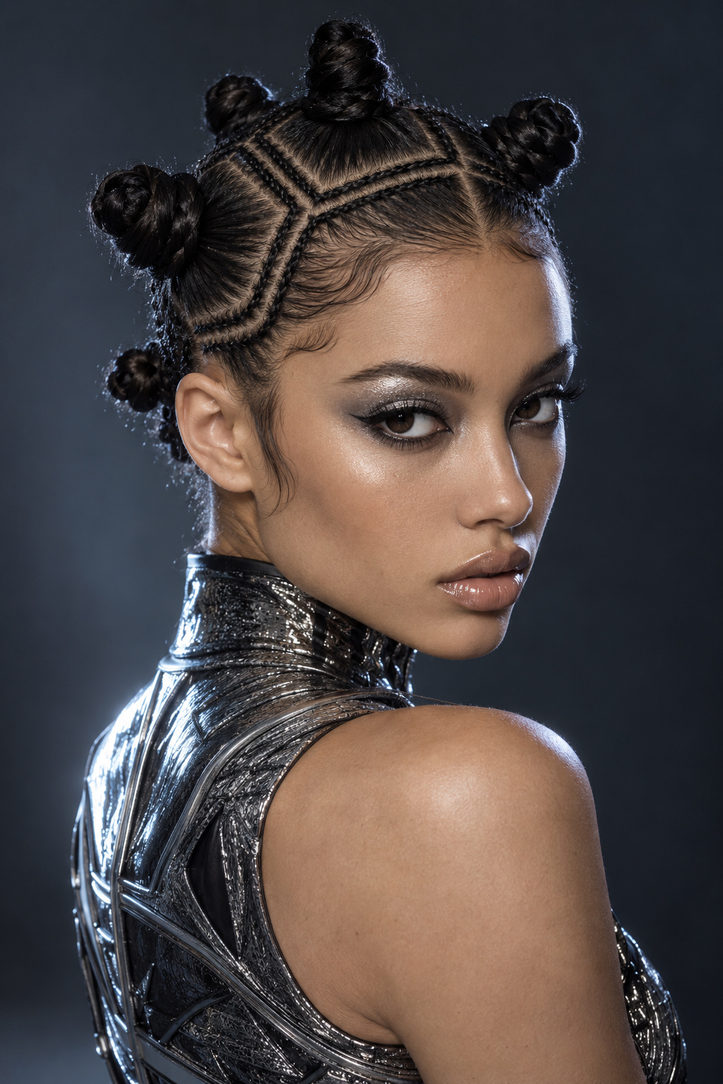 Compact Bantu knots with crisp linear scalp parting silver outfit and smoky eye makeup