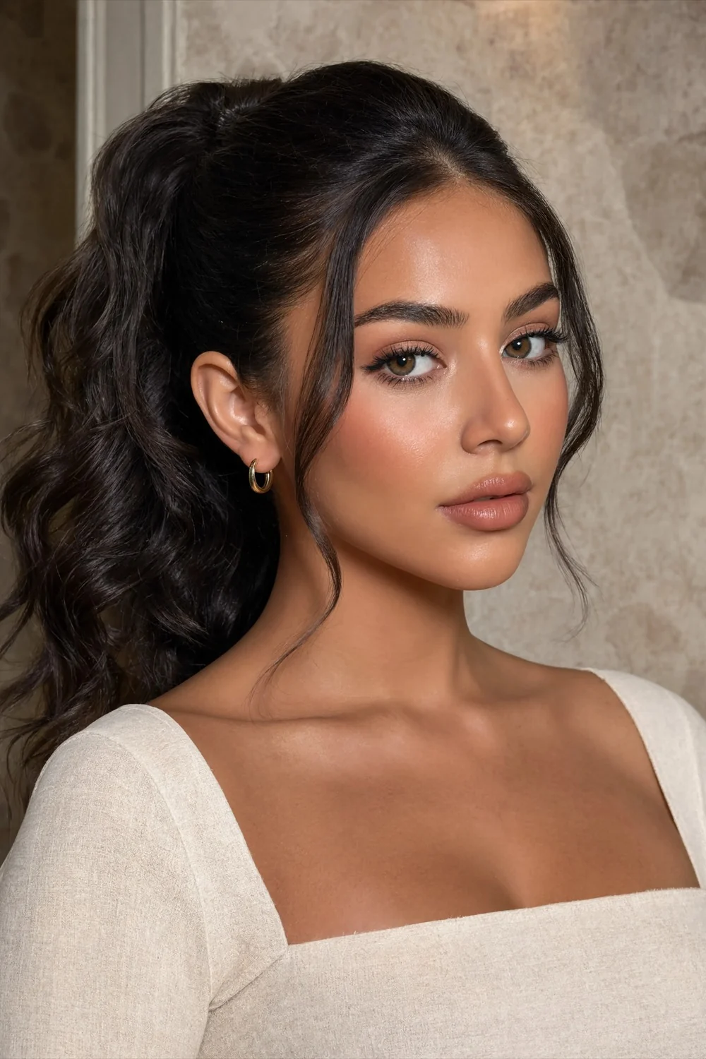 Defined peach-brown eyes with a crisp upper lash line, softly luminous cheeks, and nude lips